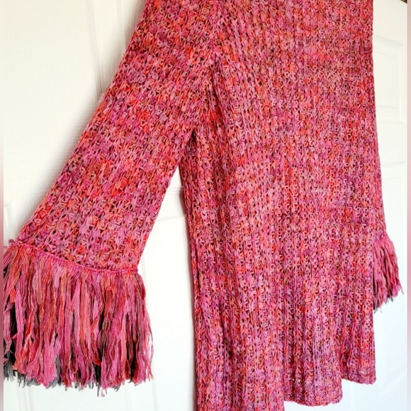 Nic + Zoe Pink & Red Airy Macrame Ribbon Knit Fringe Sweater, Medium Size, - Picture 11 of 16